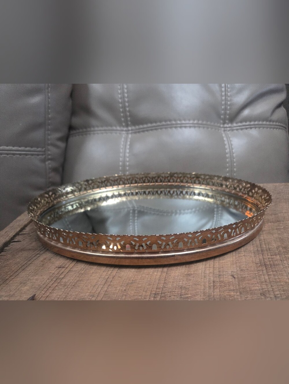 Vintage Hollywood Regency Oval Mirrored Vanity Tray Filigree Perfume ~ Bin 1B